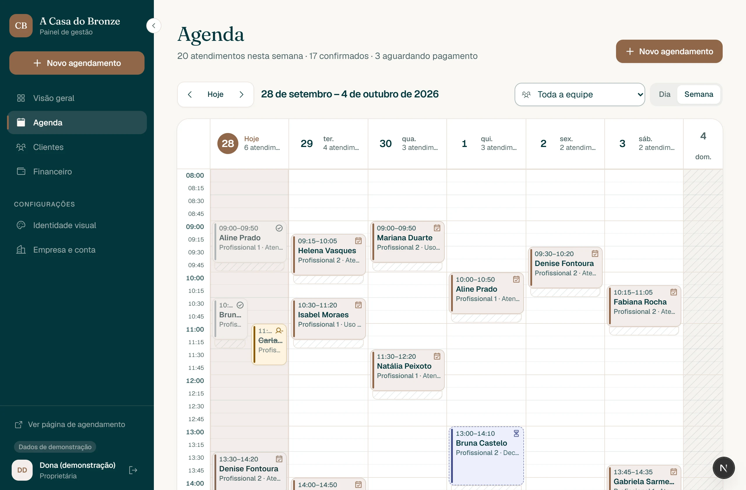 Agenda semanal do painel, com atendimentos de segunda a sábado em linhas de 15 minutos e o estado de cada reserva.
