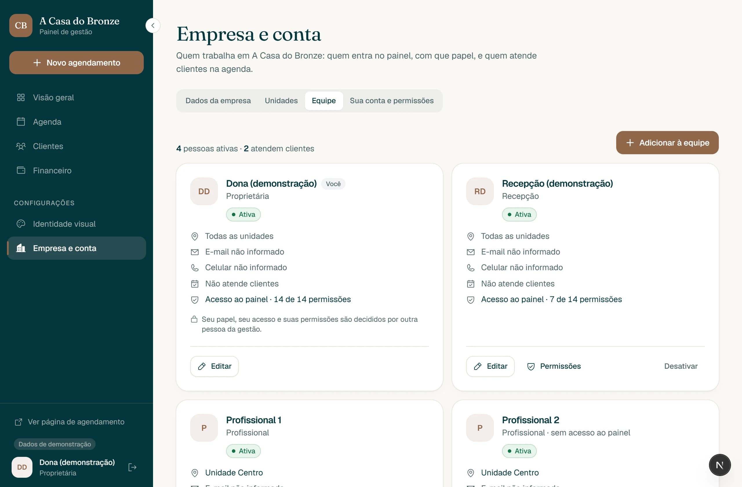 Tela de equipe com as pessoas ativas, o papel de cada uma e as permissões do painel.